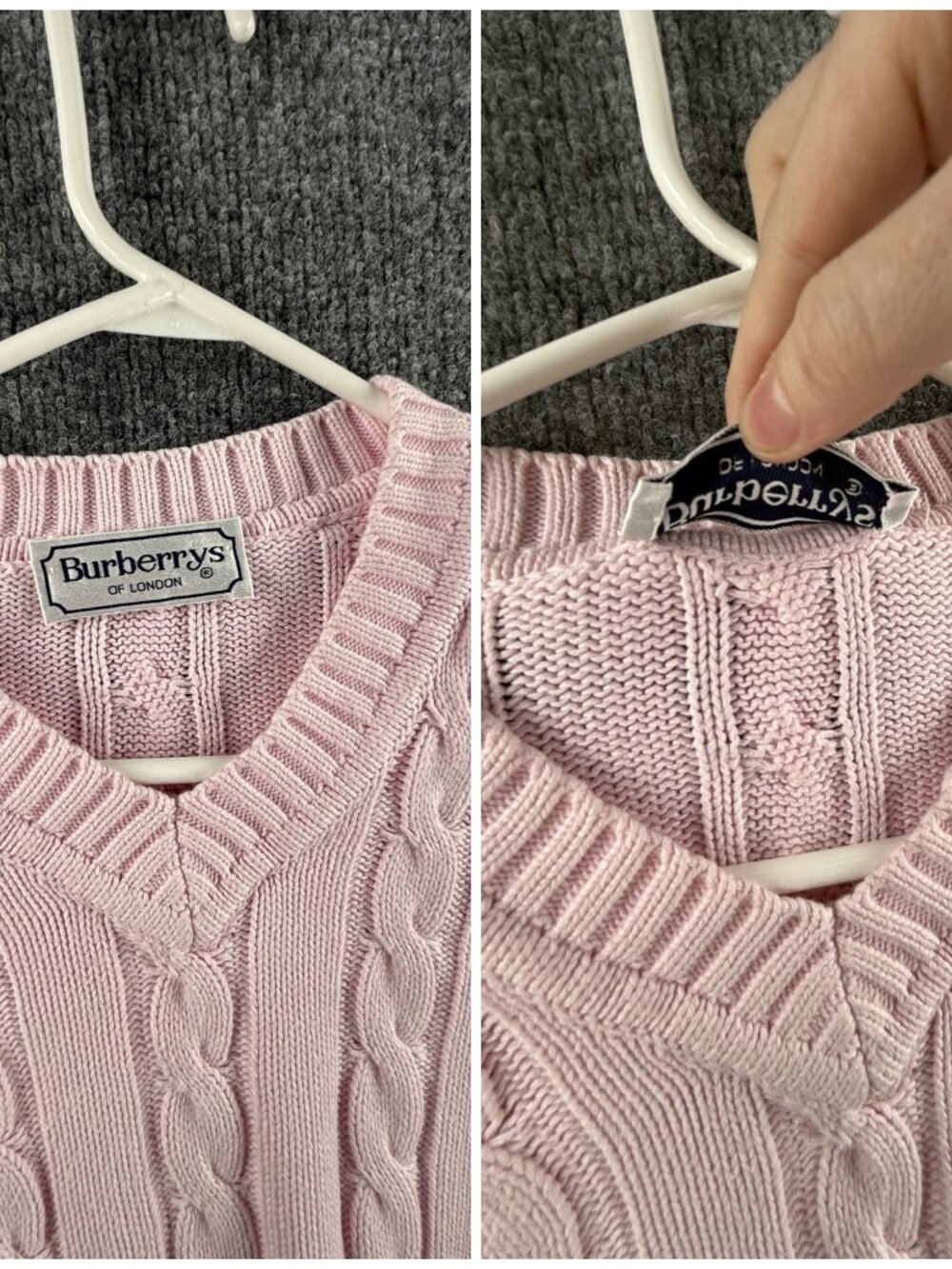 Burberry Cable Knit Pink Medium V-Neck Logo Pullover Sweater Long Sleeve Knit - Picture 14 of 16